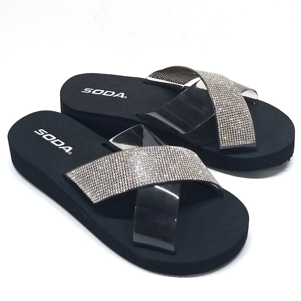 New Black Rhinestone Platform Slides Foam Sandals
